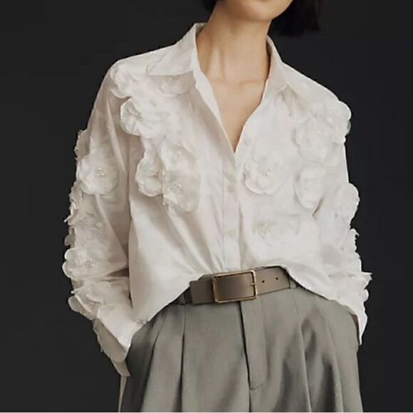 NEW Anthropologie Maeve Bennet Buttondown Shirt Floral Applique Edition Small - Picture 1 of 5